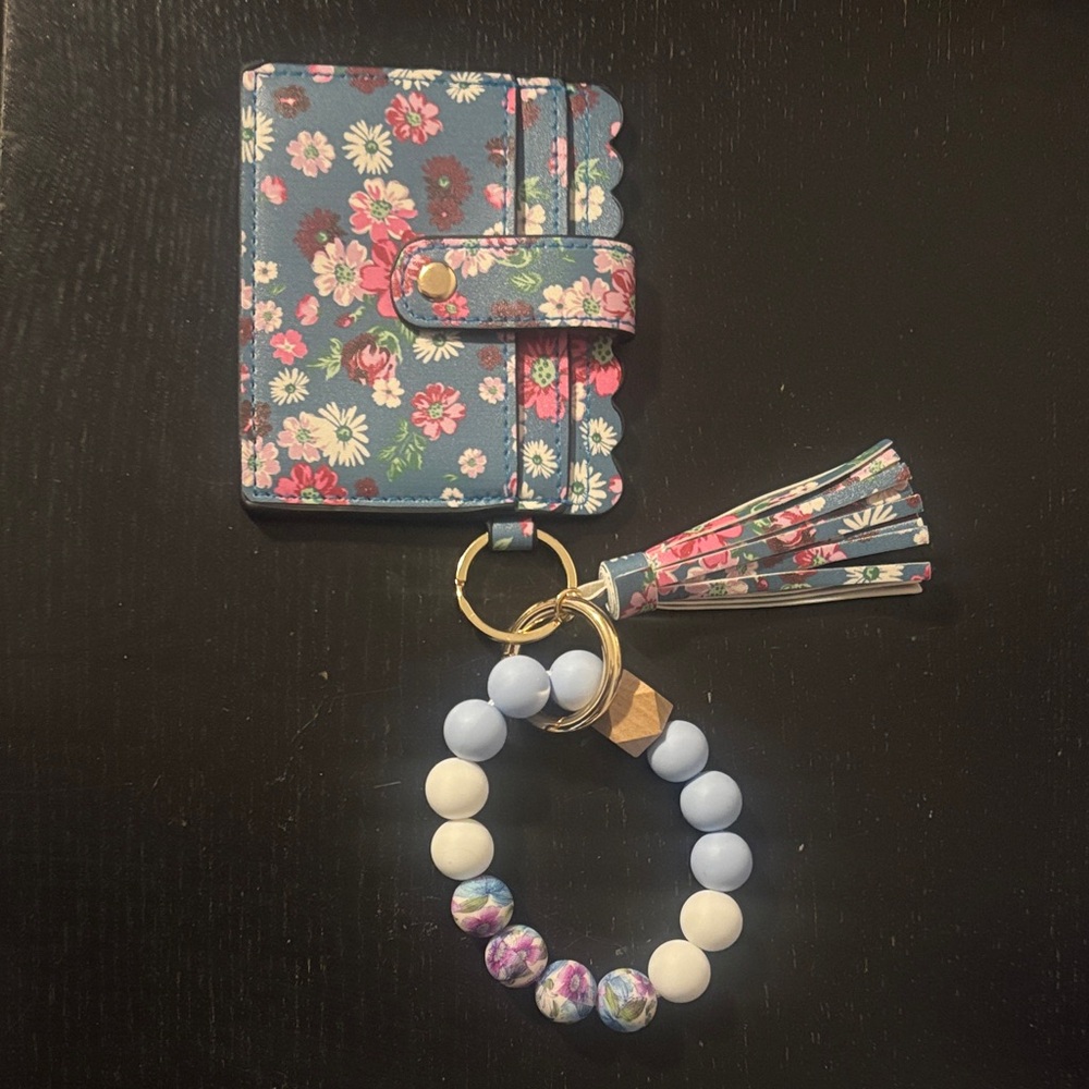 Floral Patterned Wallet with Tassel and Beaded Keychain